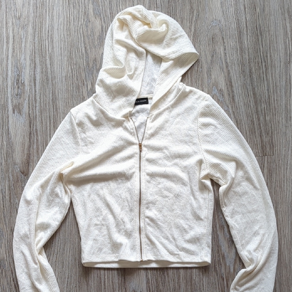 M Ribbed Cream Zip Up Adult Womens Robbed Long Sleeve Hood Sweater